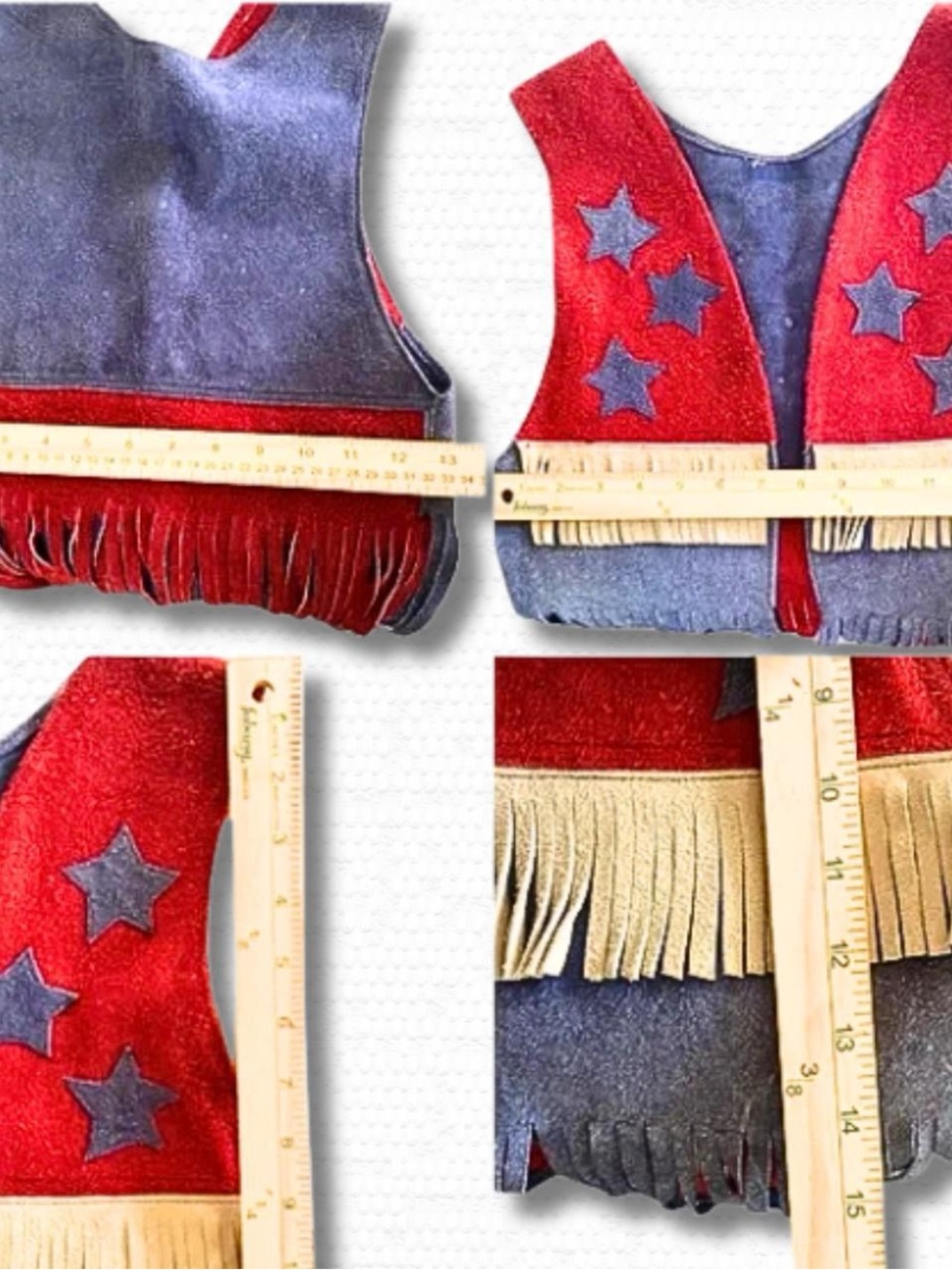 70s Leather Fringe Vest Handmade Americana Red Cream Blue Small USA July 4 - Picture 13 of 15